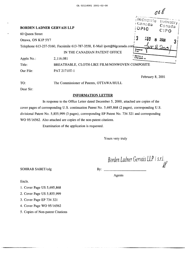 Document de brevet canadien 2116081. Poursuite-Amendment 20010208. Image 1 de 1