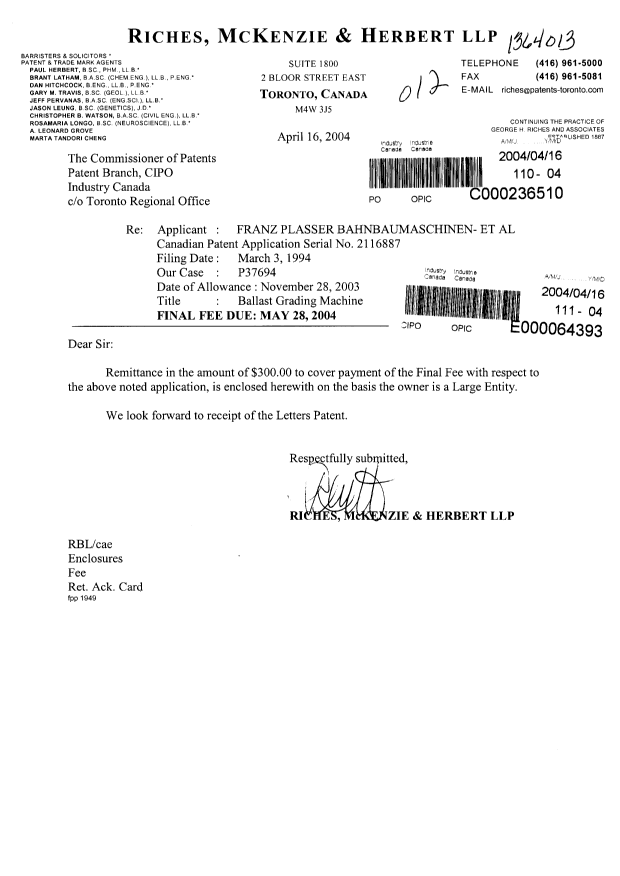 Canadian Patent Document 2116887. Correspondence 20040416. Image 1 of 1