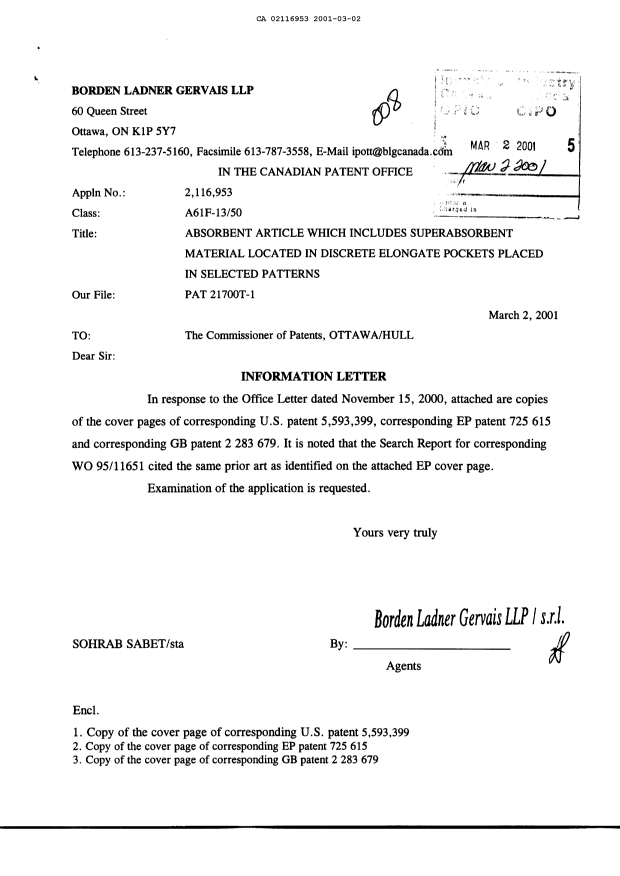 Document de brevet canadien 2116953. Poursuite-Amendment 20010302. Image 1 de 4