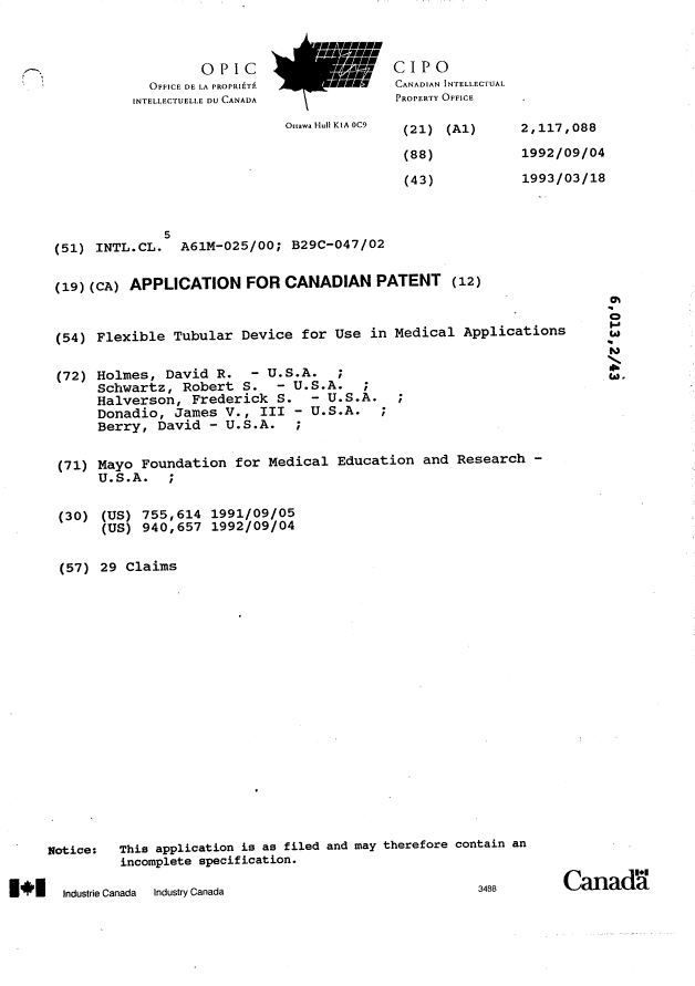 Document de brevet canadien 2117088. Page couverture 19950729. Image 1 de 1