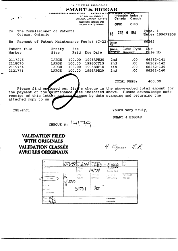 Canadian Patent Document 2117276. Fees 19951206. Image 1 of 1