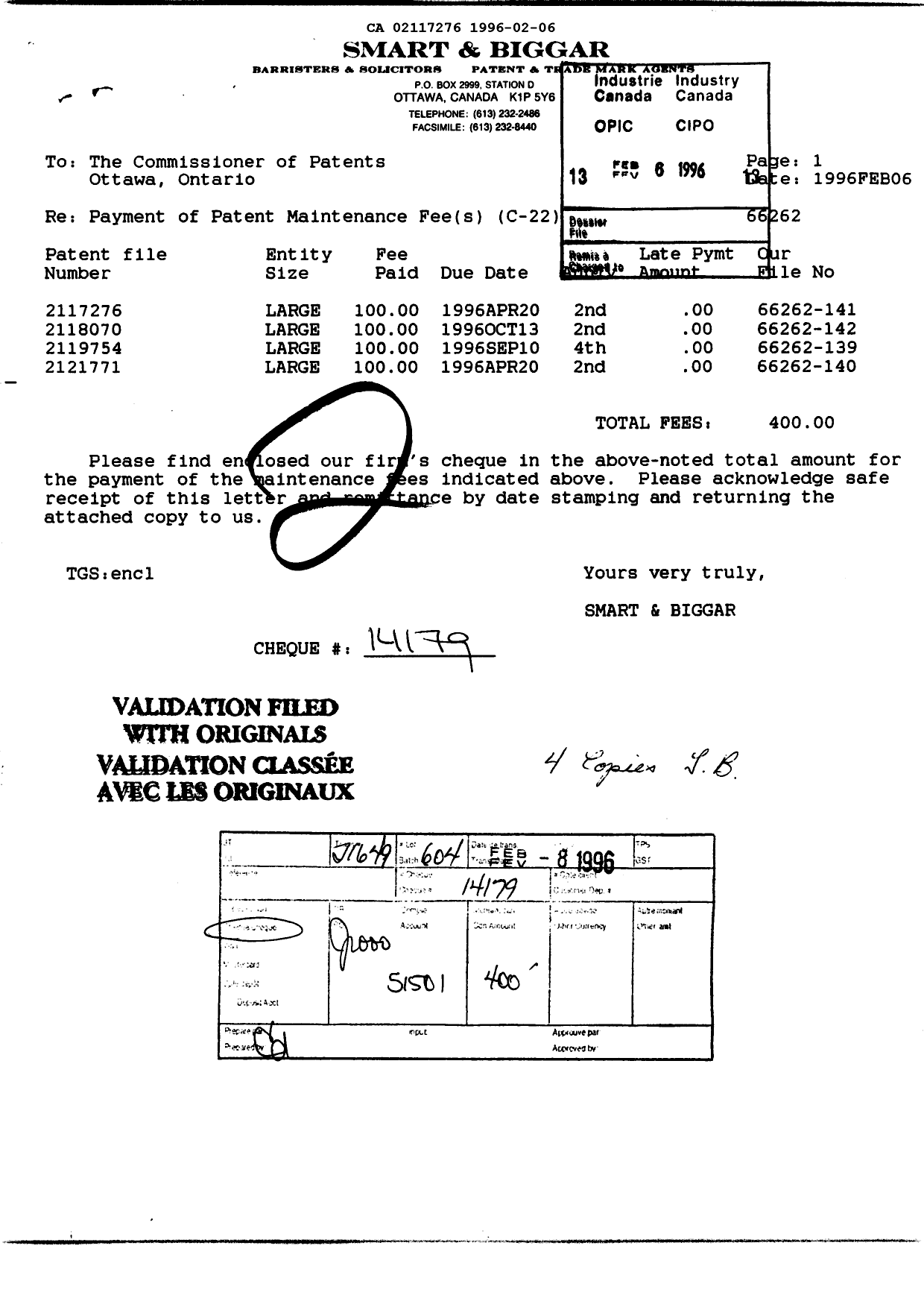 Document de brevet canadien 2117276. Taxes 19951206. Image 1 de 1