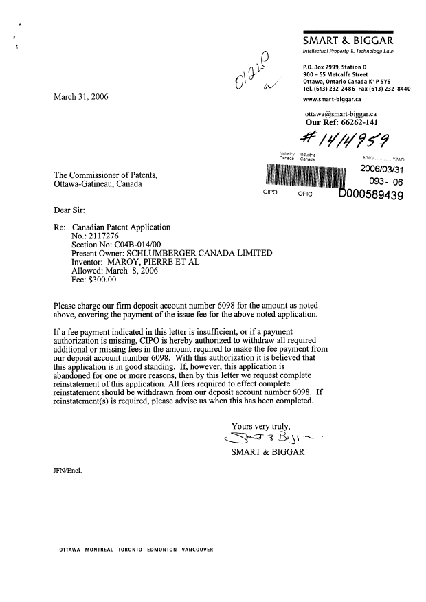 Document de brevet canadien 2117276. Correspondance 20051231. Image 1 de 1