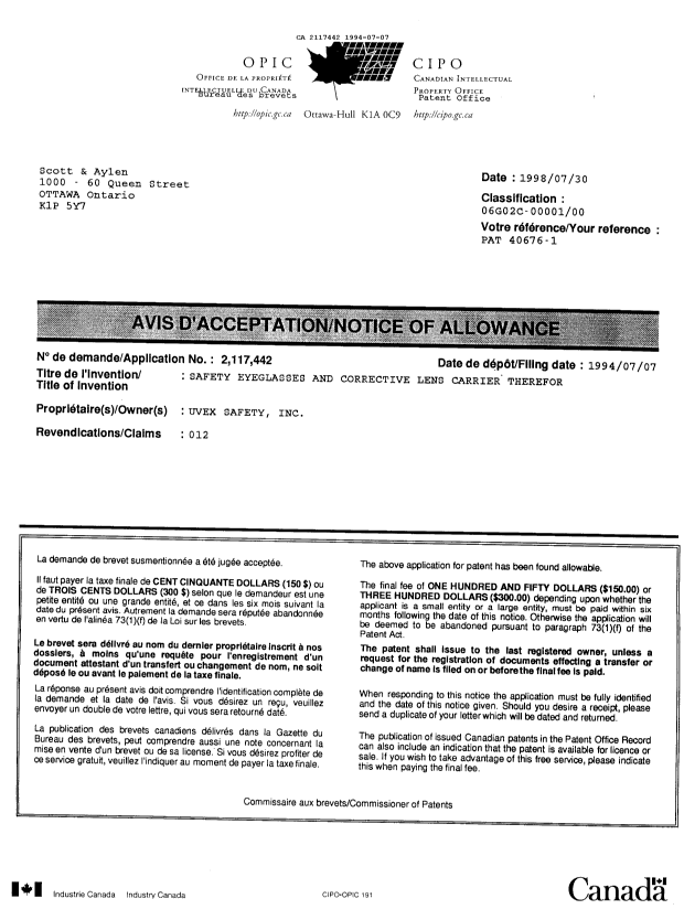 Document de brevet canadien 2117442. Correspondance de la poursuite 19940707. Image 1 de 8