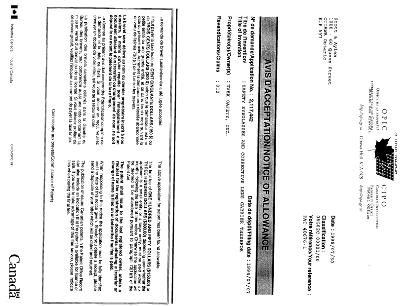 Canadian Patent Document 2117442. Prosecution Correspondence 19940707. Image 1 of 8
