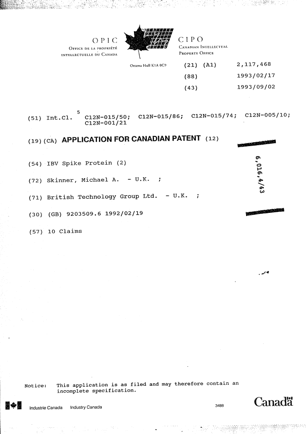 Canadian Patent Document 2117468. Cover Page 19971109. Image 1 of 1