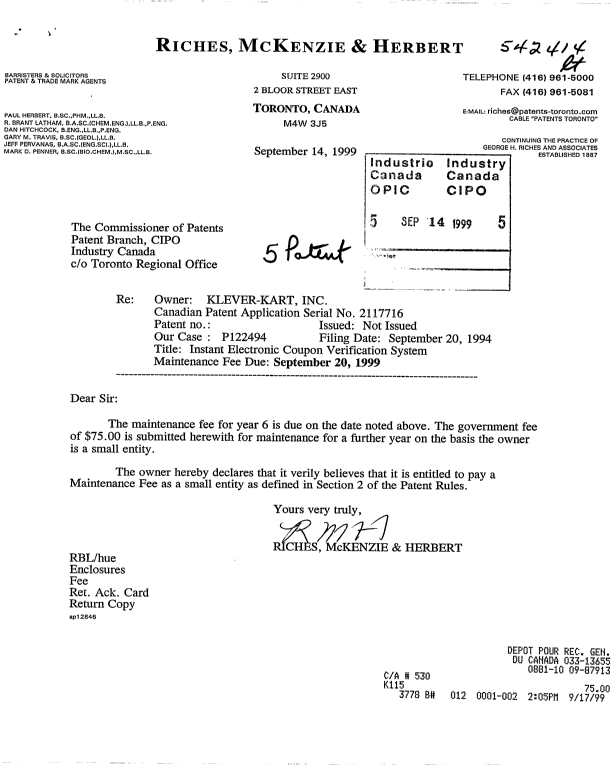 Document de brevet canadien 2117716. Taxes 19990914. Image 1 de 1