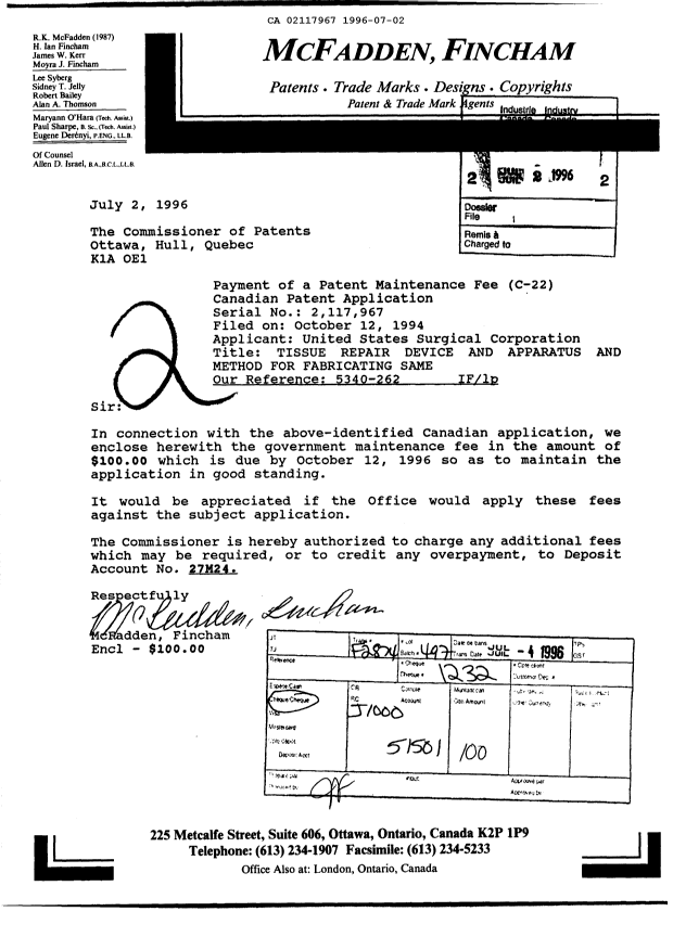 Canadian Patent Document 2117967. Fees 19960702. Image 1 of 1