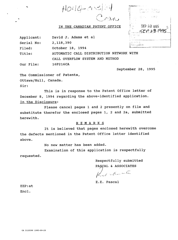 Document de brevet canadien 2118390. Correspondance de la poursuite 19950928. Image 1 de 1