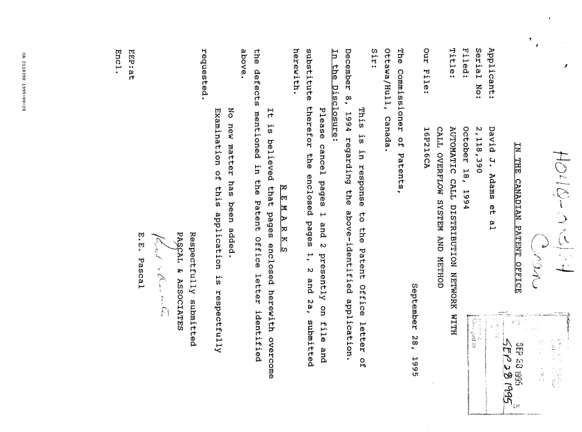 Canadian Patent Document 2118390. Prosecution Correspondence 19950928. Image 1 of 1