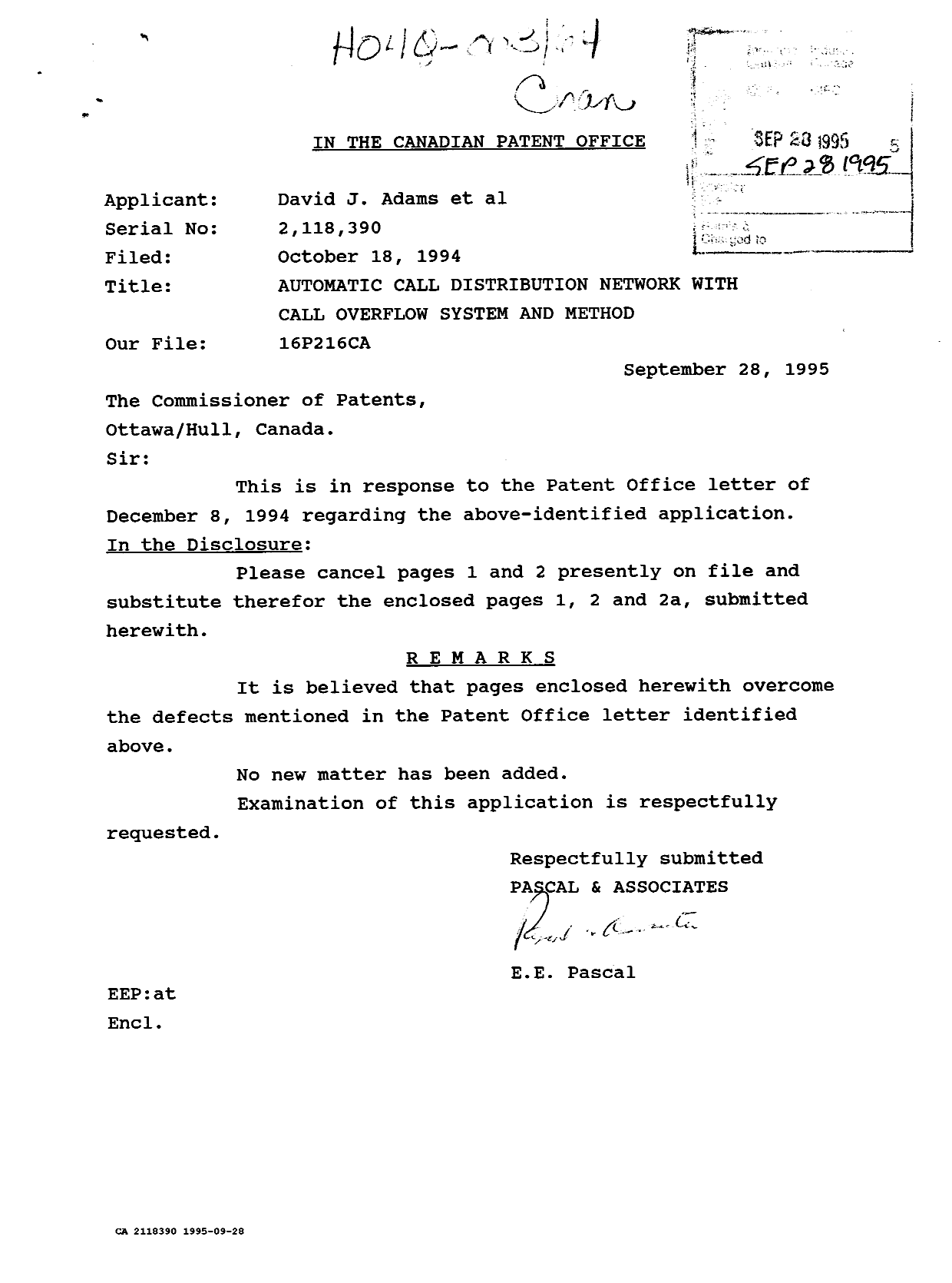 Canadian Patent Document 2118390. Prosecution Correspondence 19950928. Image 1 of 1