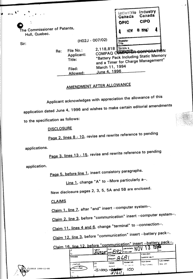 Canadian Patent Document 2118818. Prosecution Correspondence 19961108. Image 1 of 2