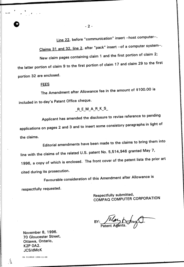 Canadian Patent Document 2118818. Prosecution Correspondence 19961108. Image 2 of 2