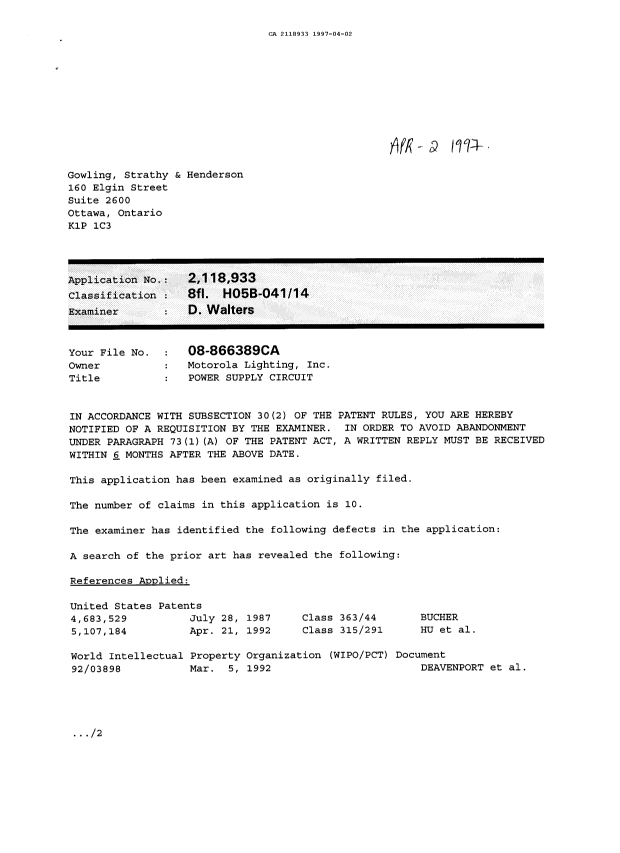 Canadian Patent Document 2118933. Examiner Requisition 19970402. Image 1 of 3