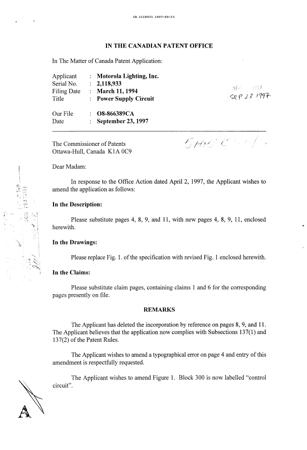 Canadian Patent Document 2118933. Prosecution Correspondence 19970923. Image 1 of 2