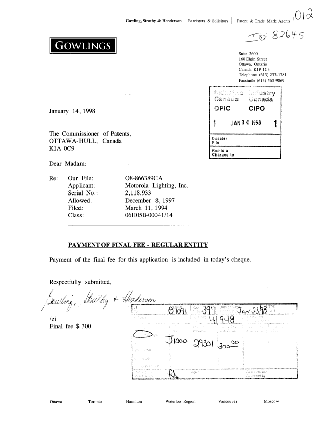 Canadian Patent Document 2118933. Correspondence 19980114. Image 1 of 1