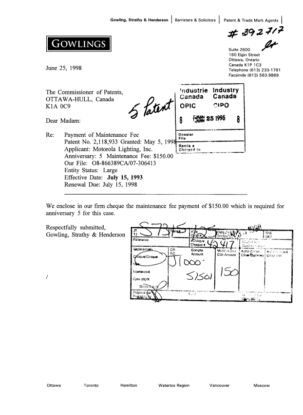 Canadian Patent Document 2118933. Fees 19980625. Image 1 of 1