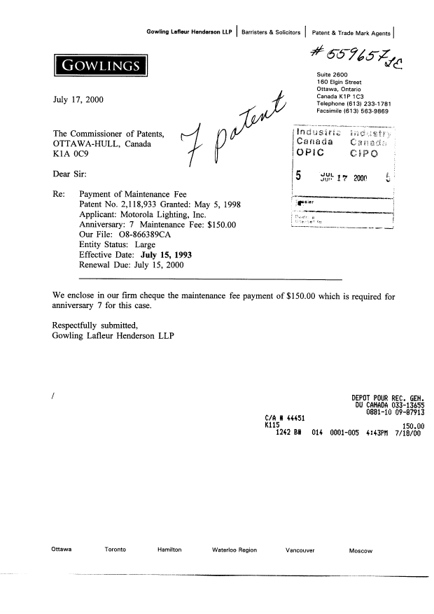 Canadian Patent Document 2118933. Fees 20000717. Image 1 of 1