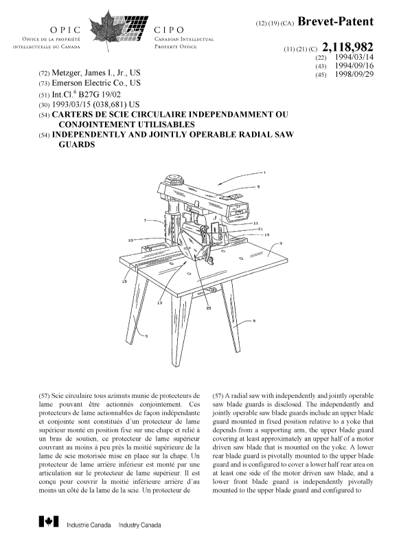 Canadian Patent Document 2118982. Cover Page 19980915. Image 1 of 2