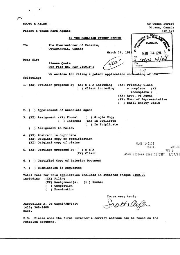 Canadian Patent Document 2118998. Assignment 19940314. Image 1 of 79