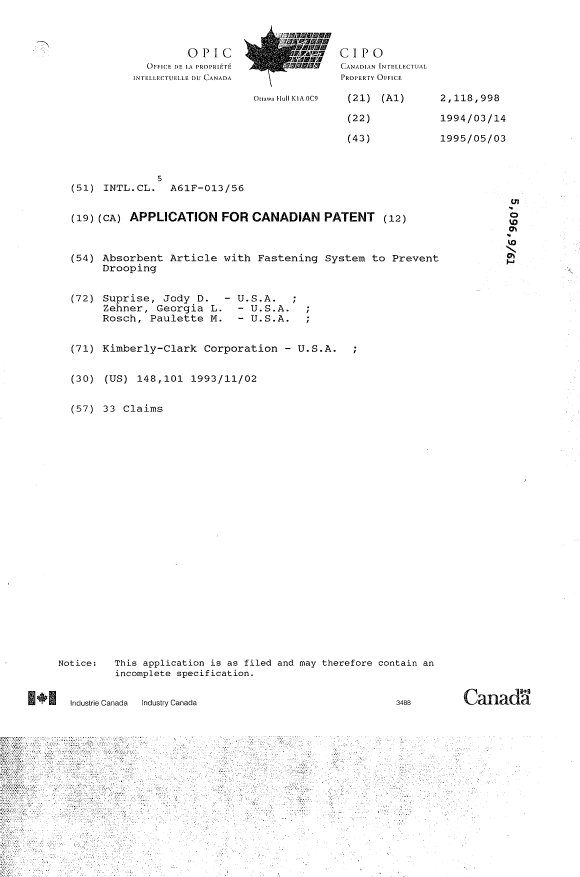Canadian Patent Document 2118998. Cover Page 19950624. Image 1 of 1
