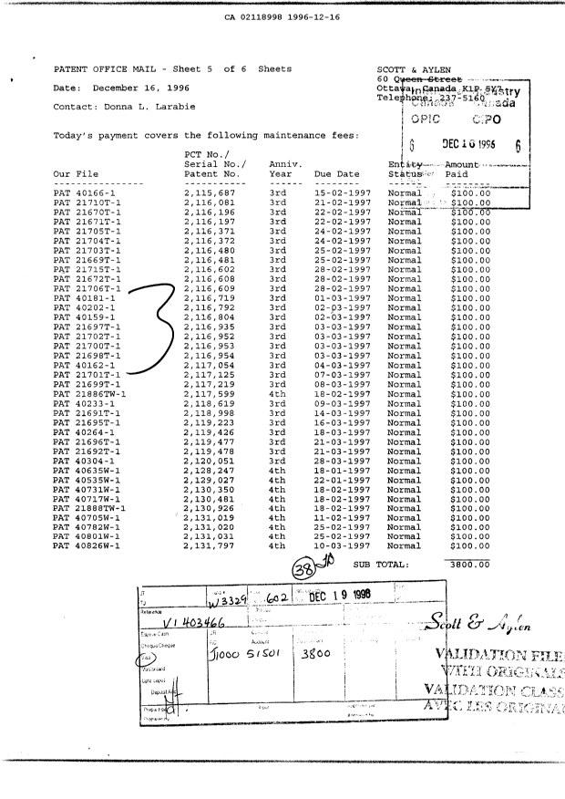 Canadian Patent Document 2118998. Fees 19961216. Image 1 of 1