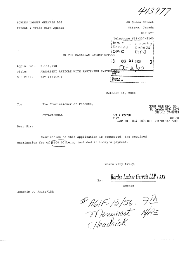 Canadian Patent Document 2118998. Prosecution-Amendment 20001031. Image 1 of 1