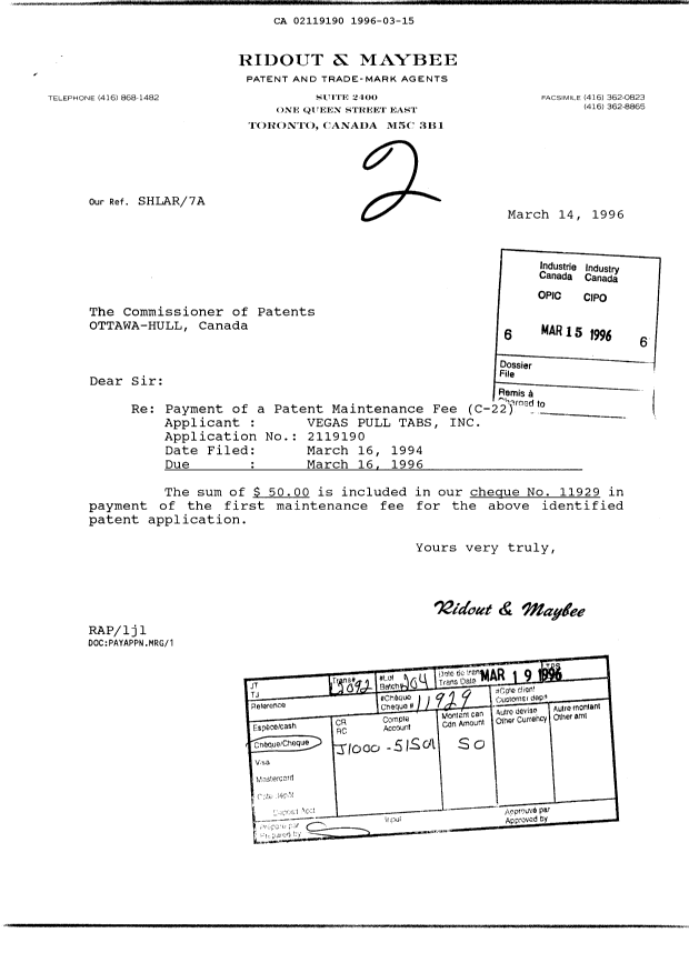 Document de brevet canadien 2119190. Taxes 19960315. Image 1 de 1