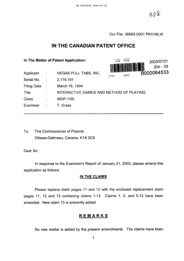 Canadian Patent Document 2119191. Prosecution-Amendment 20021221. Image 1 of 8