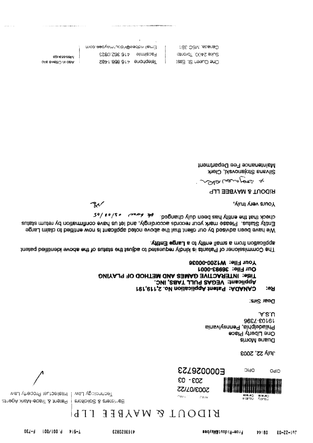 Canadian Patent Document 2119191. Correspondence 20021222. Image 1 of 1