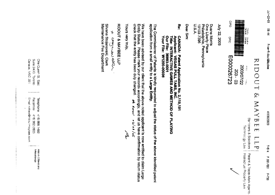 Document de brevet canadien 2119191. Correspondance 20021222. Image 1 de 1
