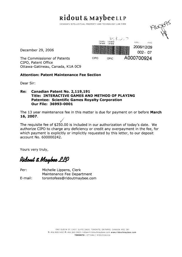 Canadian Patent Document 2119191. Fees 20051229. Image 1 of 1