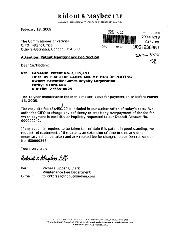 Canadian Patent Document 2119191. Fees 20081213. Image 1 of 1