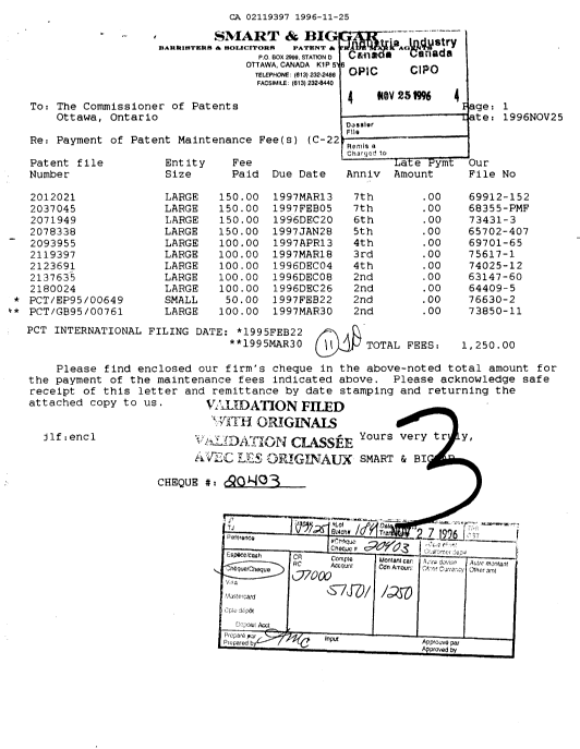 Document de brevet canadien 2119397. Taxes 19961125. Image 1 de 1