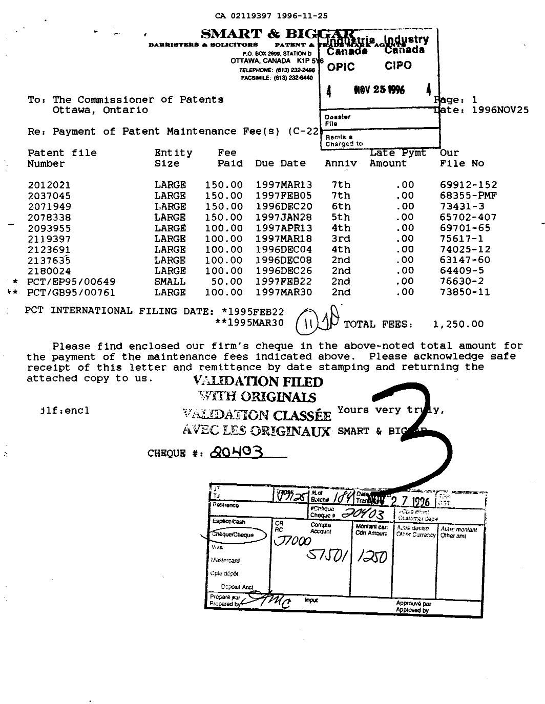 Canadian Patent Document 2119397. Fees 19961125. Image 1 of 1