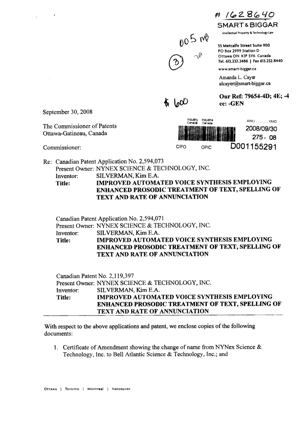 Document de brevet canadien 2119397. Cession 20080930. Image 1 de 8