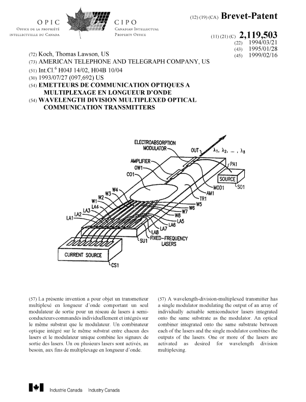 Canadian Patent Document 2119503. Cover Page 19990209. Image 1 of 1