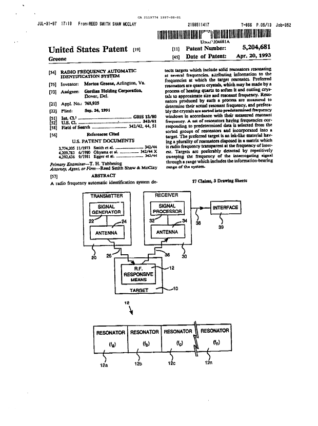 Canadian Patent Document 2119774. Prosecution Correspondence 19970801. Image 1 of 9