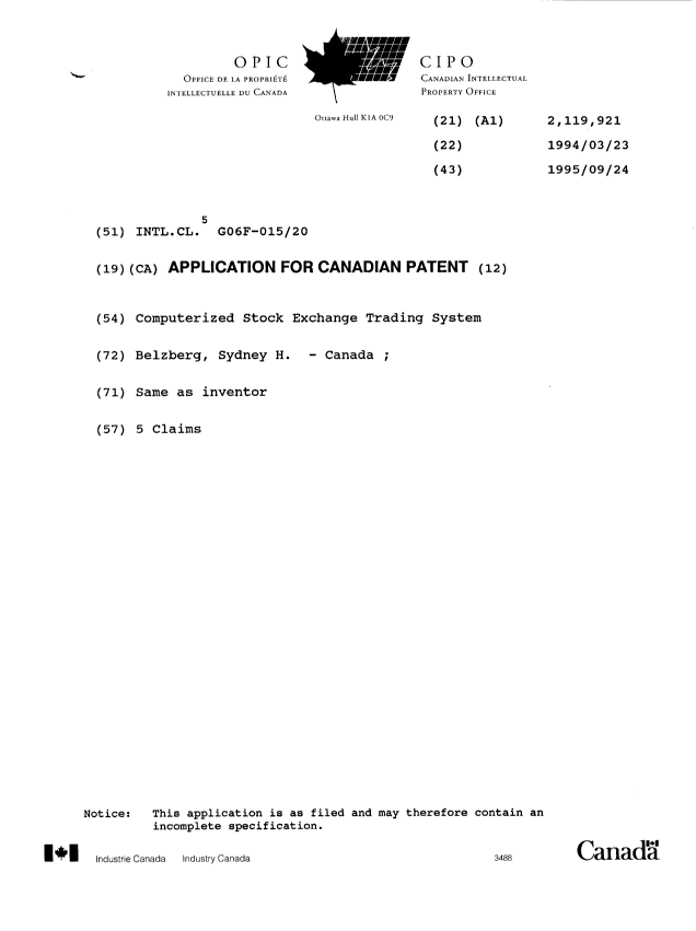 Canadian Patent Document 2119921. Cover Page 19940323. Image 1 of 1