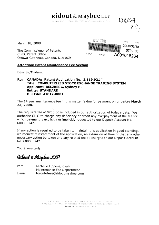 Canadian Patent Document 2119921. Fees 20080318. Image 1 of 1