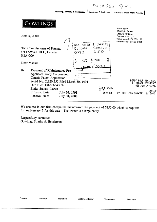 Document de brevet canadien 2120352. Taxes 20000605. Image 1 de 1
