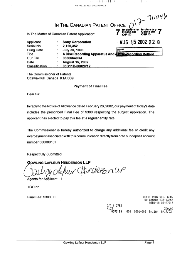 Document de brevet canadien 2120352. Correspondance 20020815. Image 1 de 1