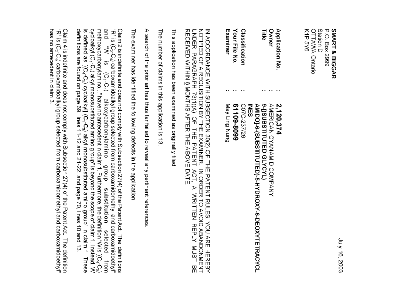 Canadian Patent Document 2120374. Prosecution-Amendment 20030716. Image 1 of 3