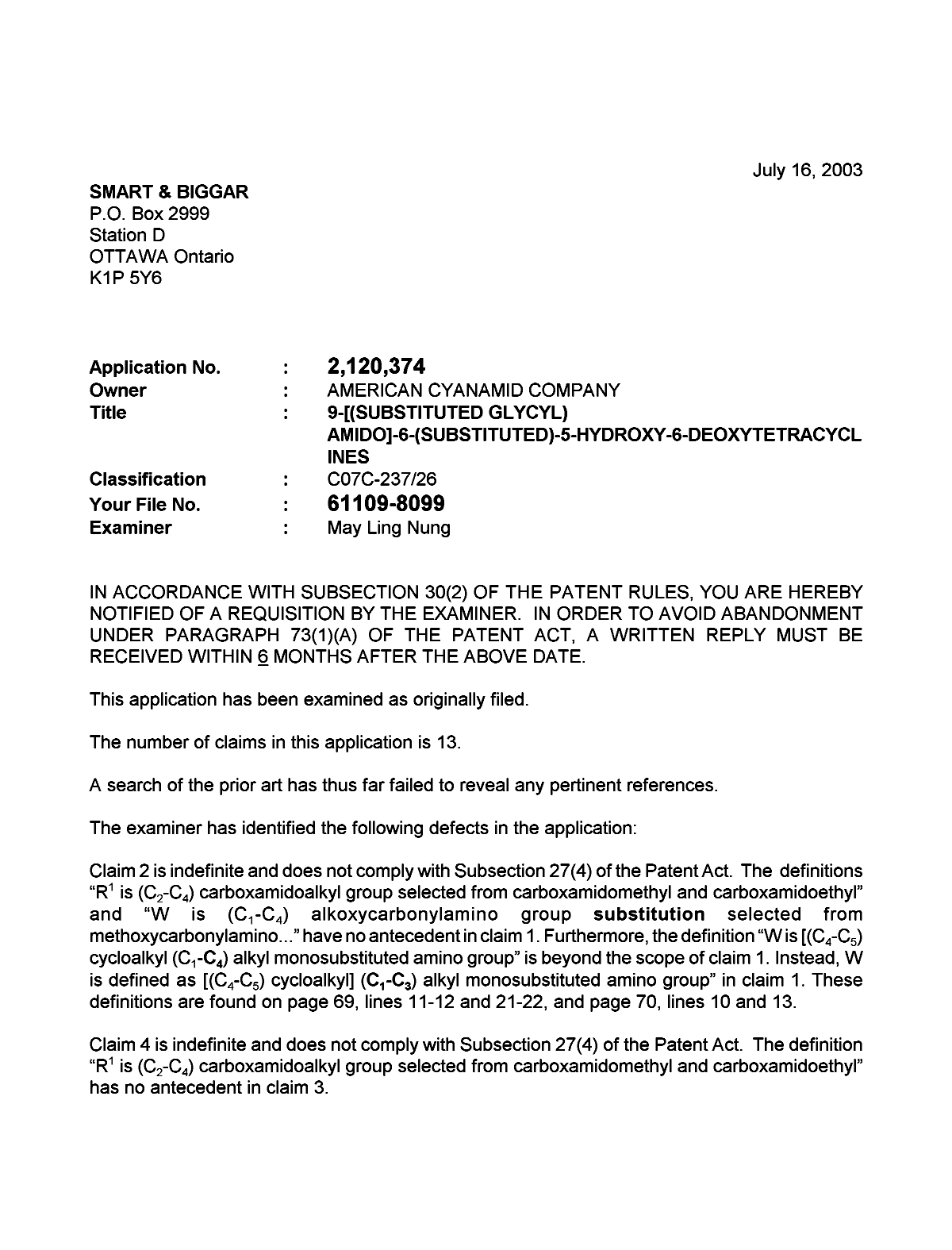 Canadian Patent Document 2120374. Prosecution-Amendment 20030716. Image 1 of 3