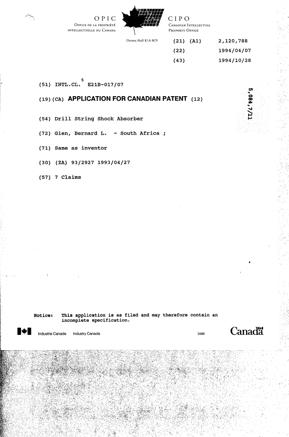 Canadian Patent Document 2120788. Cover Page 19950608. Image 1 of 1