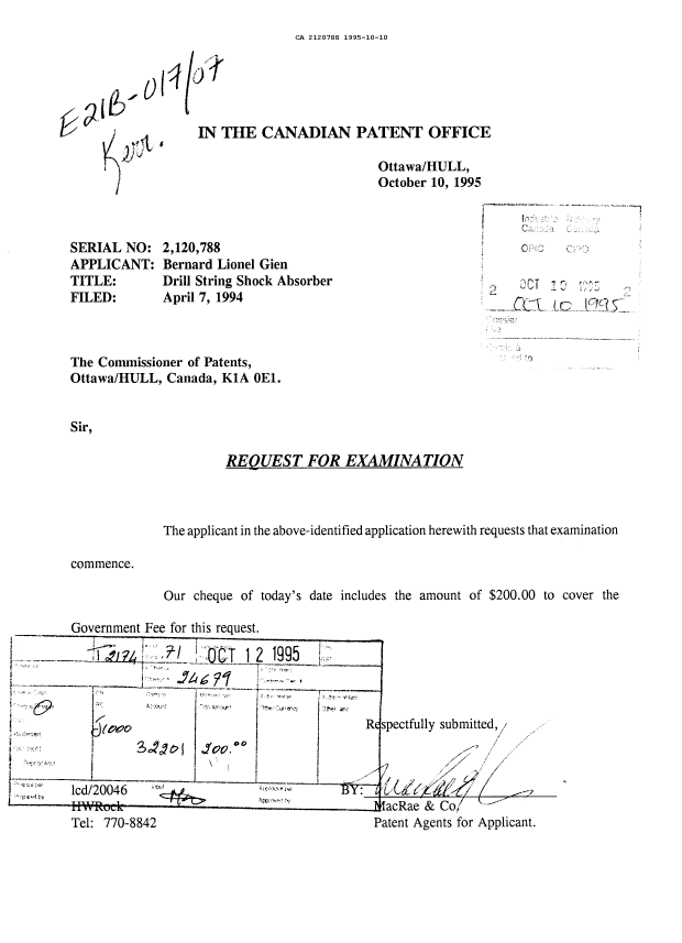Canadian Patent Document 2120788. Prosecution Correspondence 19951010. Image 1 of 1