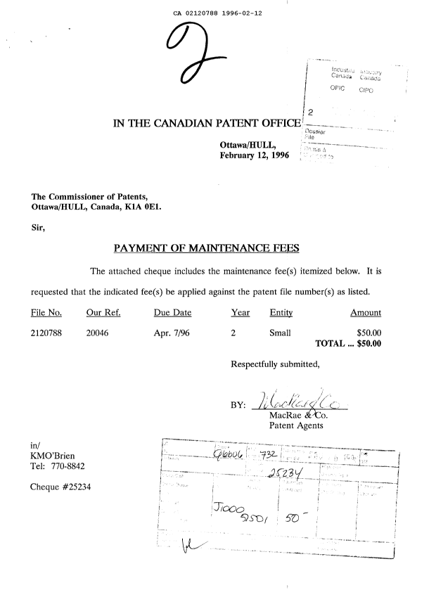 Canadian Patent Document 2120788. Fees 19960212. Image 1 of 1