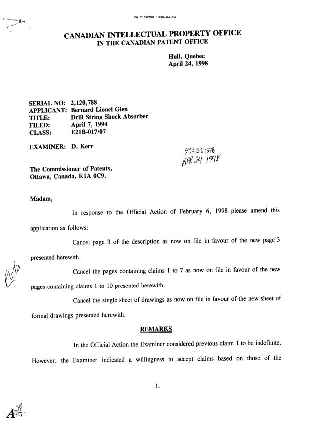 Canadian Patent Document 2120788. Prosecution Correspondence 19980424. Image 1 of 2