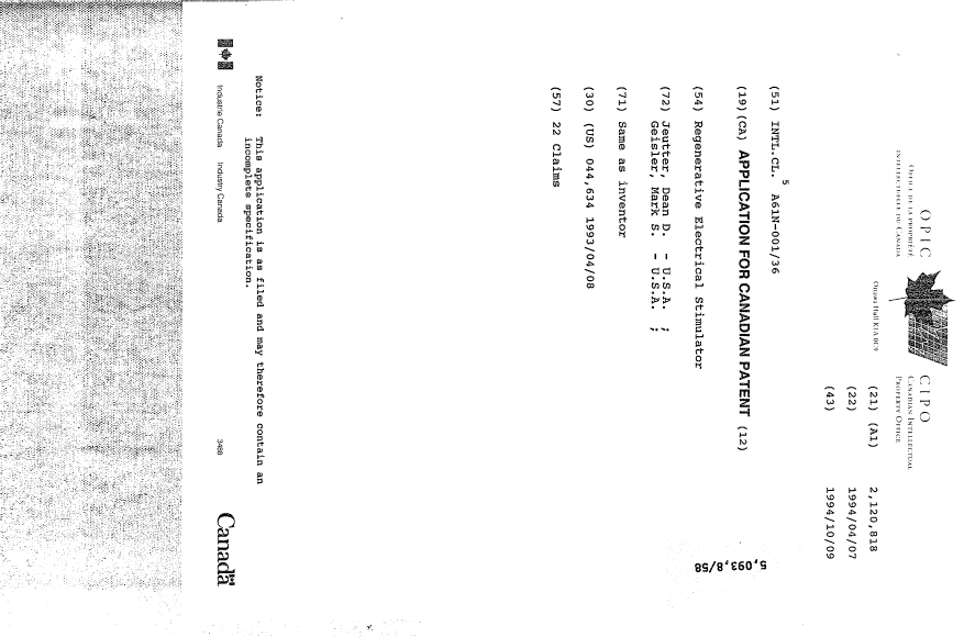 Canadian Patent Document 2120818. Cover Page 19950520. Image 1 of 1