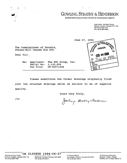 Canadian Patent Document 2120858. Prosecution Correspondence 19940627. Image 1 of 1